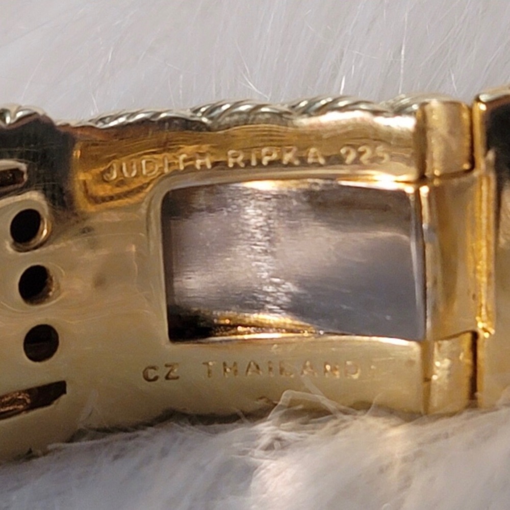 Judith Ripka 14 K Gold Clad Diamonique and Silver Textured Cuff Bracelet. - Picture 6 of 6